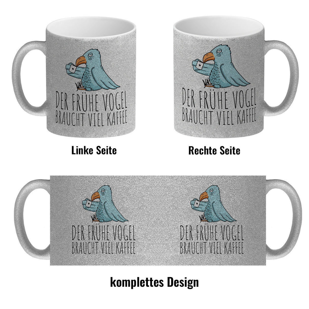 Der frühe Vogel braucht viel Kaffee Kaffeebecher