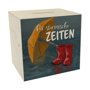 Für stürmische Zeiten Spardose mit Regen Motiv