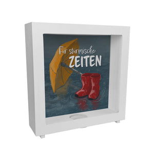 Für stürmische Zeiten Spardose mit Regen Motiv