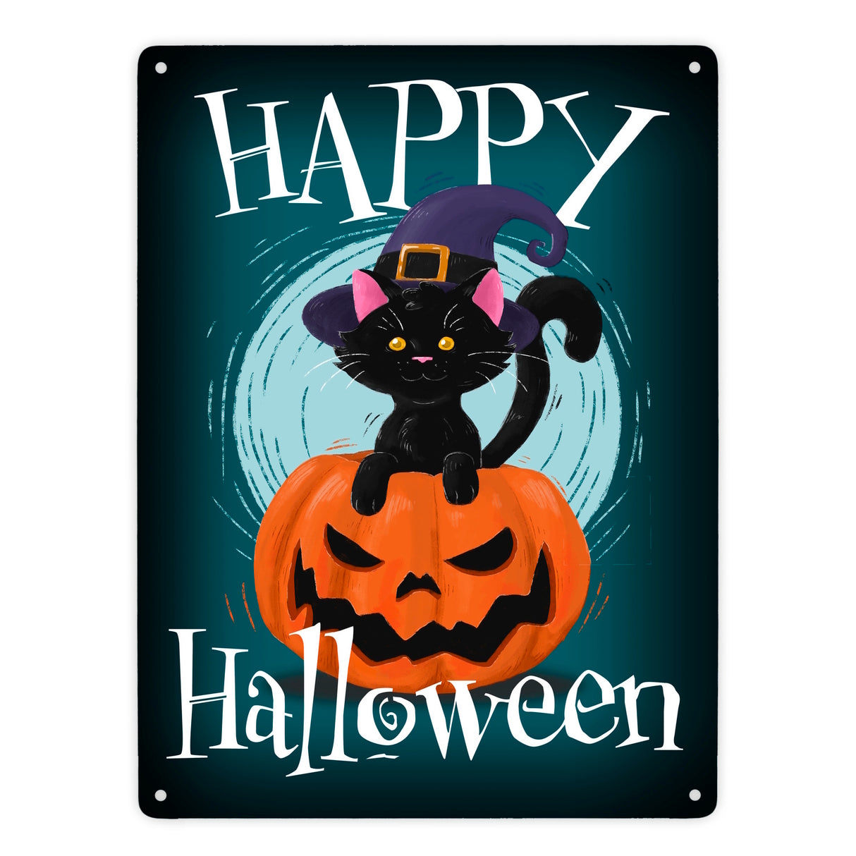 Happy Halloween Metallschild mit niedlicher schwarzer Katze