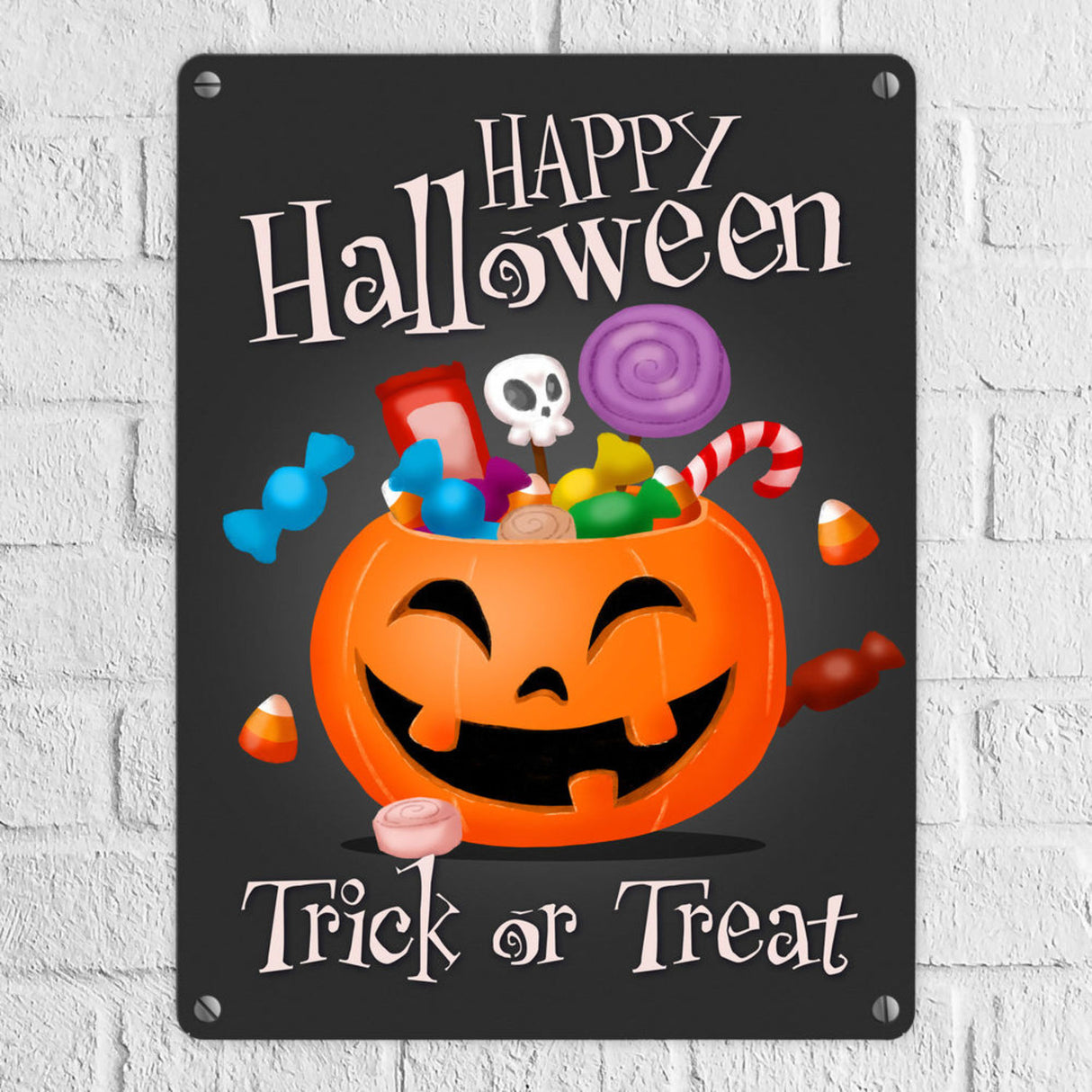 Happy Halloween Trick or Treat Metallschild in lila mit süßem Kürbis