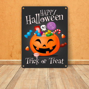 Happy Halloween Trick or Treat Metallschild in lila mit süßem Kürbis