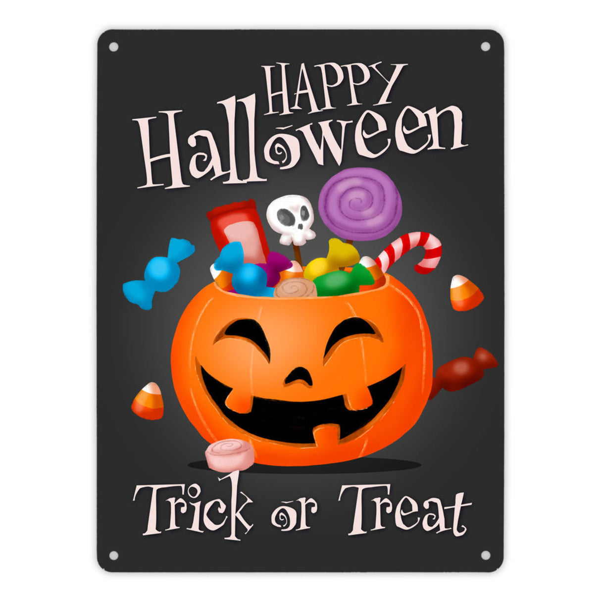 Happy Halloween Trick or Treat Metallschild in lila mit süßem Kürbis