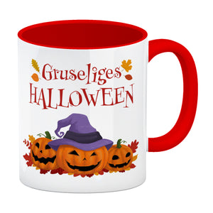 Gruseliges Halloween Kaffeebecher mit grinsenden Kürbissen