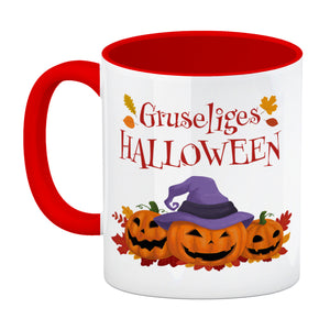 Gruseliges Halloween Kaffeebecher mit grinsenden Kürbissen