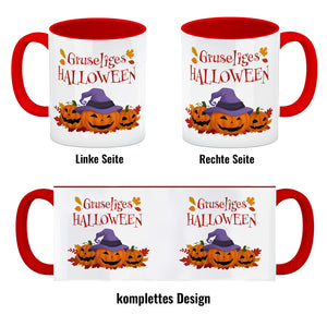 Gruseliges Halloween Kaffeebecher mit grinsenden Kürbissen