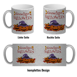 Gruseliges Halloween Kaffeebecher mit grinsenden Kürbissen