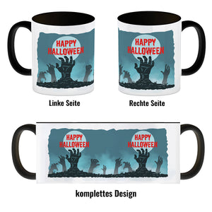 Happy Halloween Kaffeebecher mit gruseligen Zombiehänden