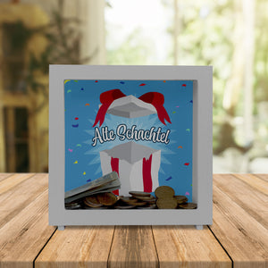 Alte Schachtel Spardose mit Geburtstagsgeschenk-Motiv
