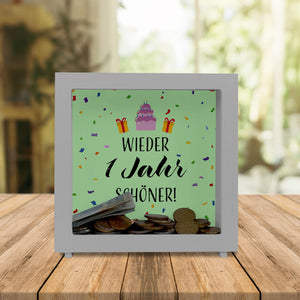 Wieder 1 Jahr schöner! Spardose mit Konfetti und Torte