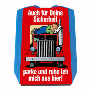 Ruhezeit für LKW-Fahrer Comic Parkscheibe in blau