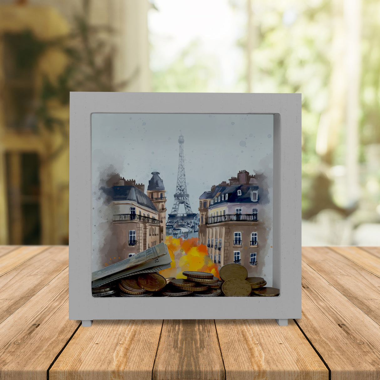 Eiffelturm in Paris Spardose in Wasserfarbenoptik