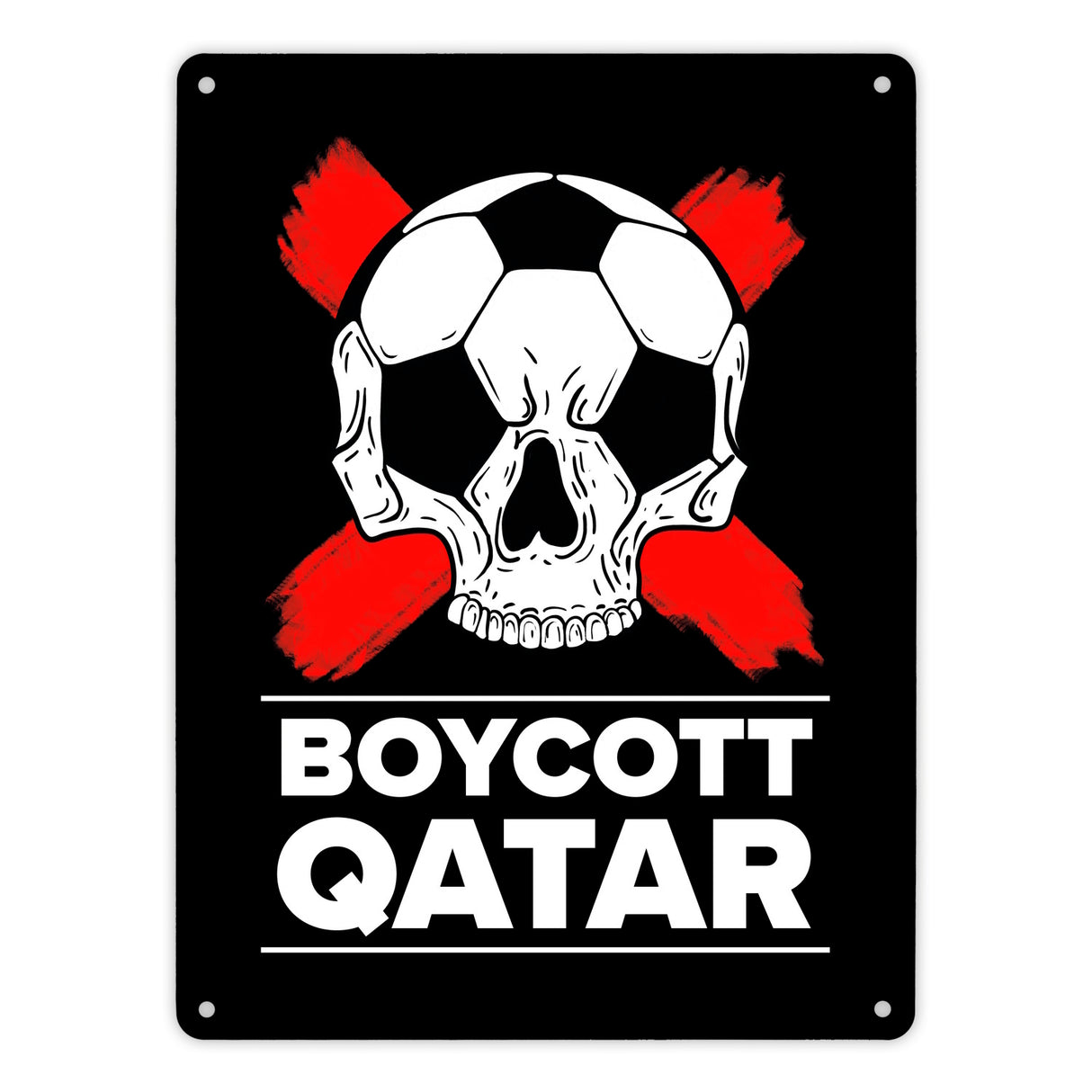 Boycott Qatar Metallschild mit Fußball-Totenkopf
