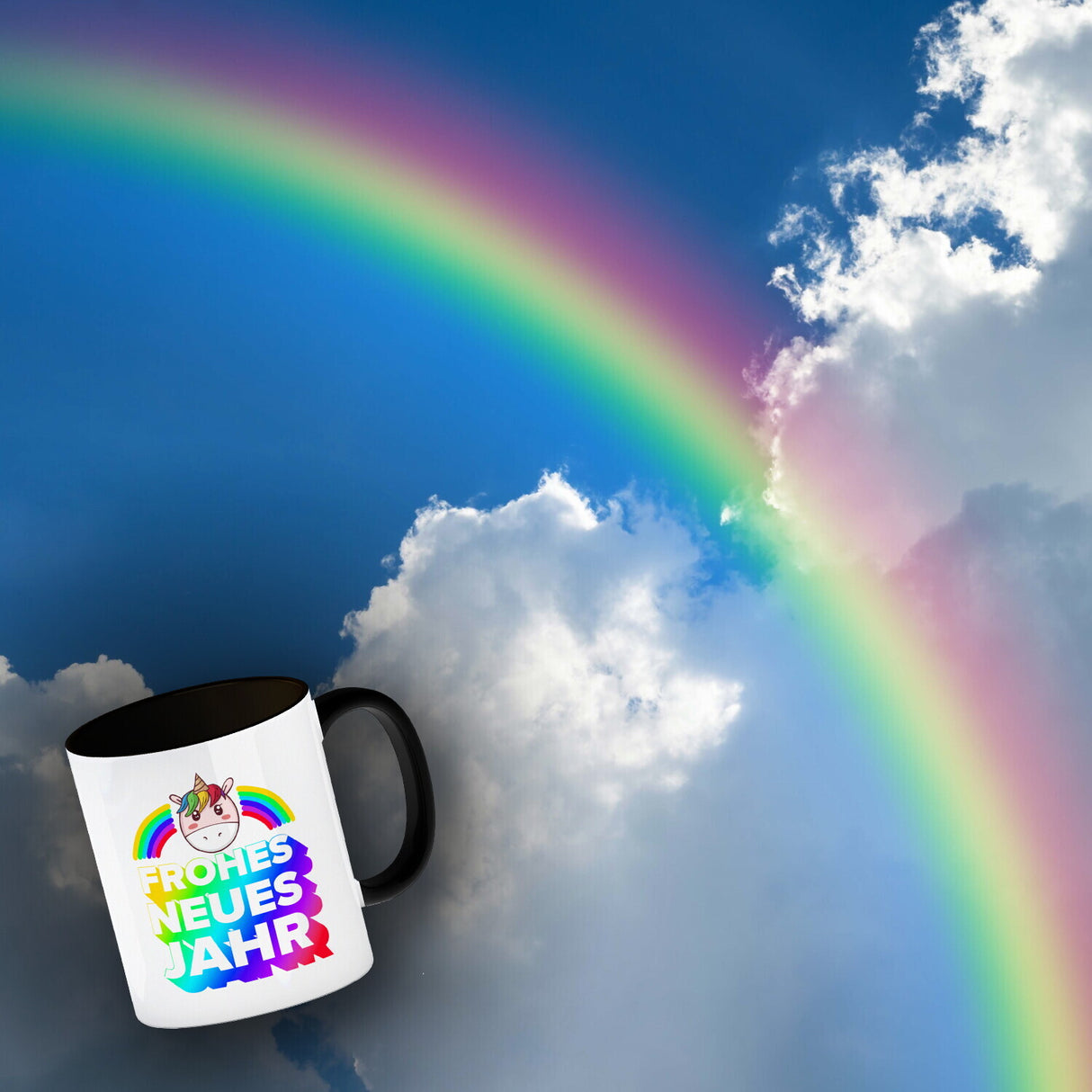 Frohes neues Jahr Regenbogen und Einhorn Kaffeebecher