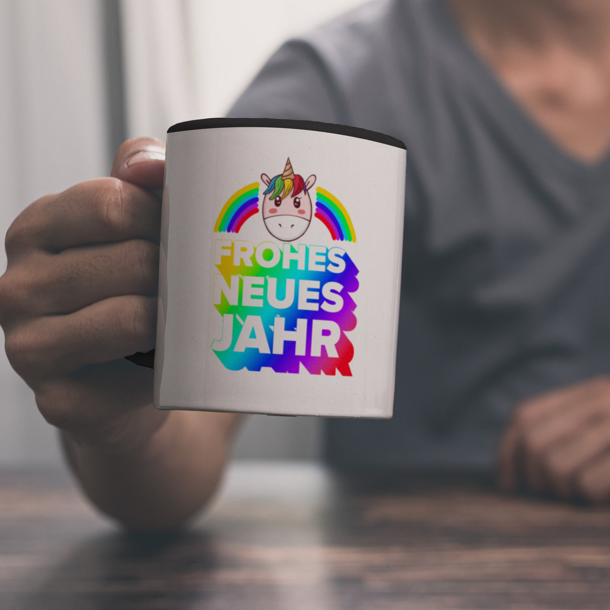 Frohes neues Jahr Regenbogen und Einhorn Kaffeebecher