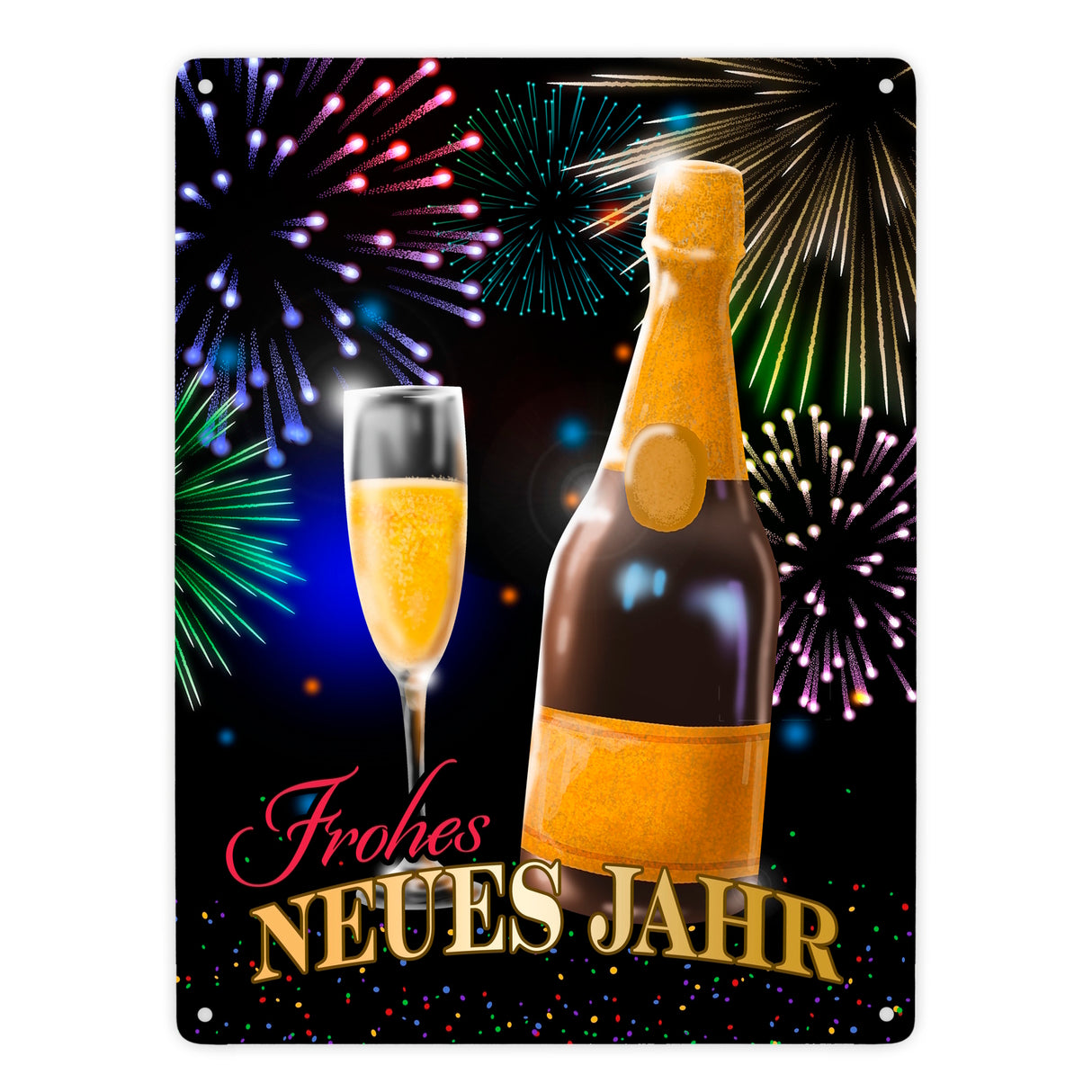 Frohes neues Jahr Metallschild mit Sekt und Feuerwerk