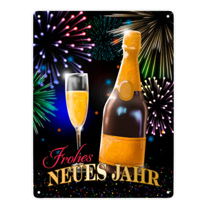 Frohes neues Jahr Metallschild mit Sekt und Feuerwerk
