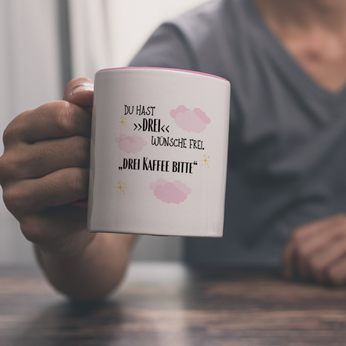 Drei Wünsche Frei Kaffeebecher mit Spruch Drei Kaffee bitte