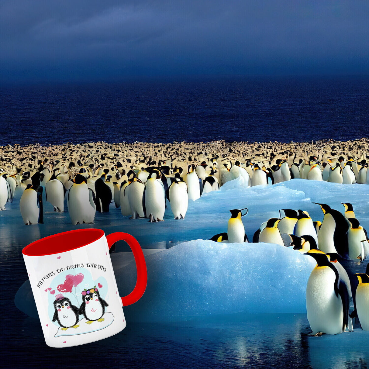 Pinguin Pärchen Kaffeebecher mit Spruch