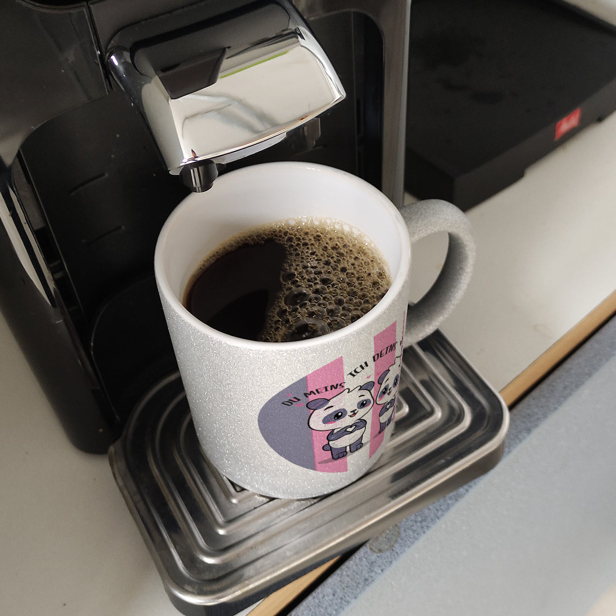 Panda Kaffeebecher mit Spruch Du meins ich deins wir eins