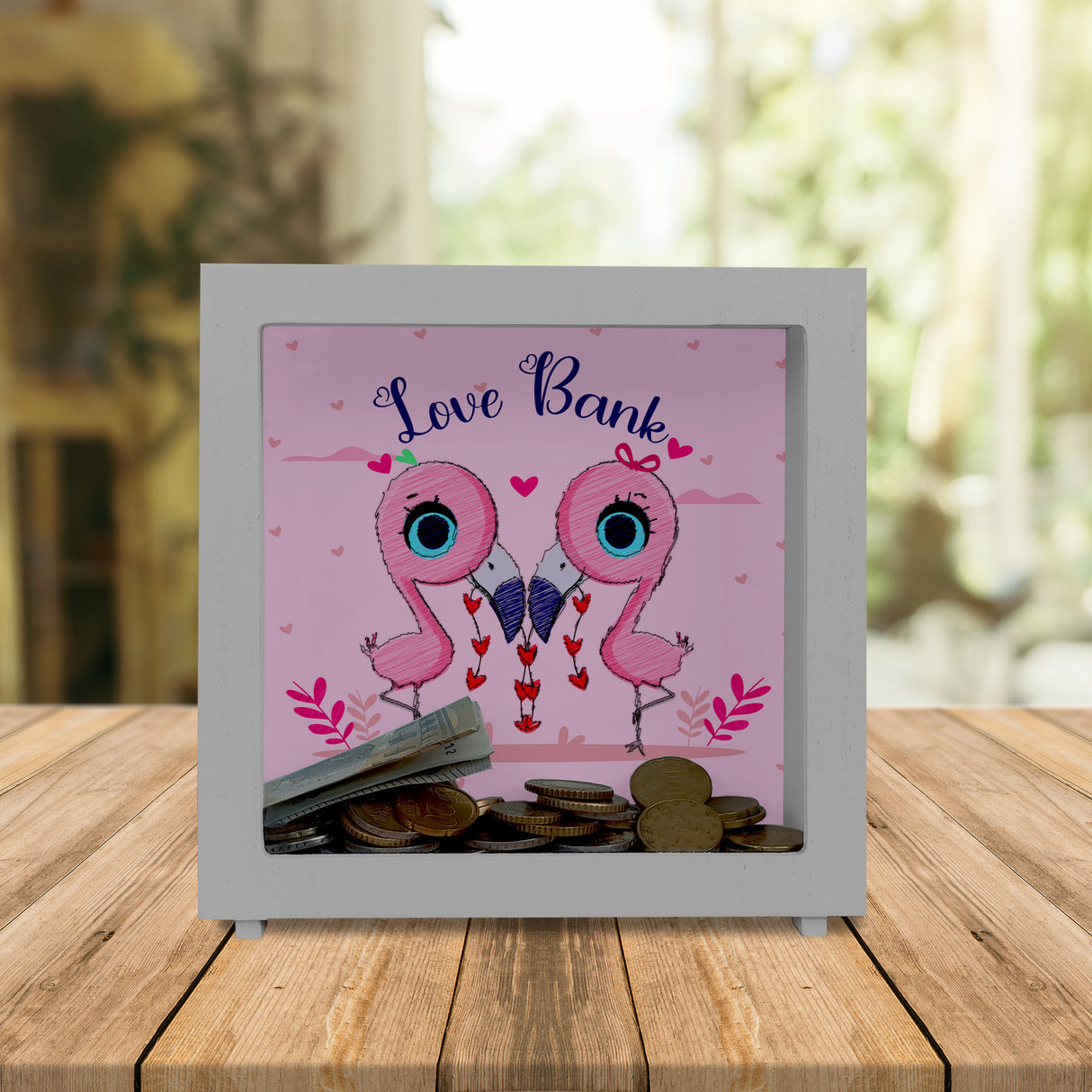 Flamingo Spardose in rosa mit Spruch Love Bank