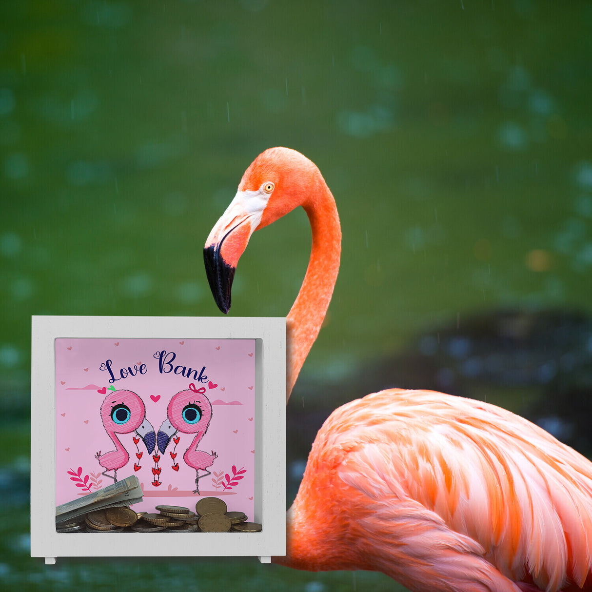 Flamingo Spardose in rosa mit Spruch Love Bank