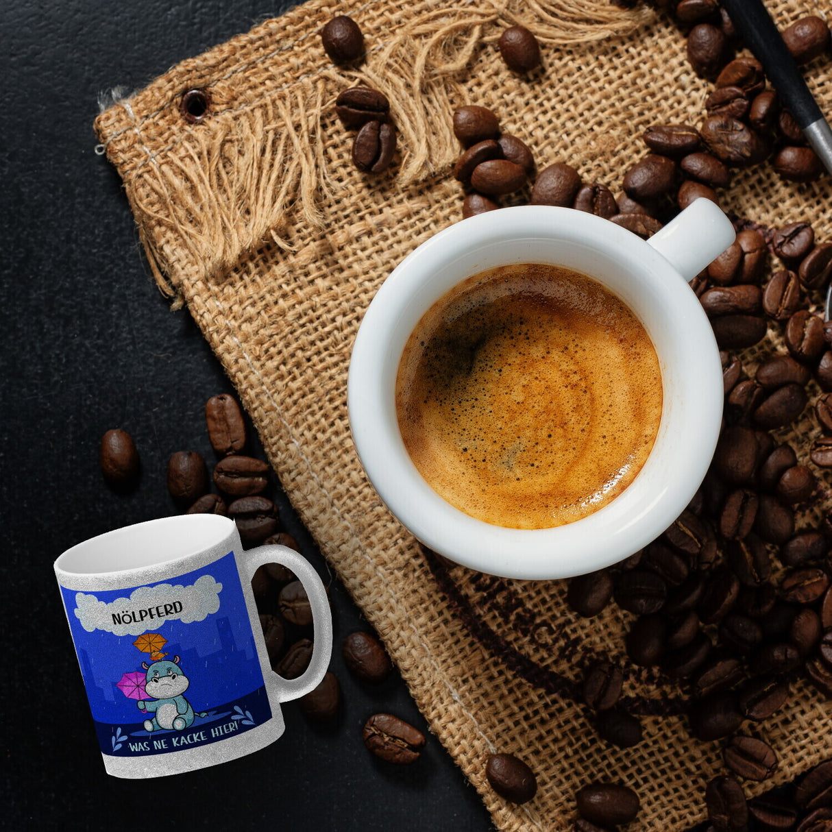 Nilpferd Kaffeebecher mit Spruch Nölpferd Was ne Kacke hier!