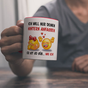 Hintern anfassen Kaffeebecher mit Emoticons und Spruch