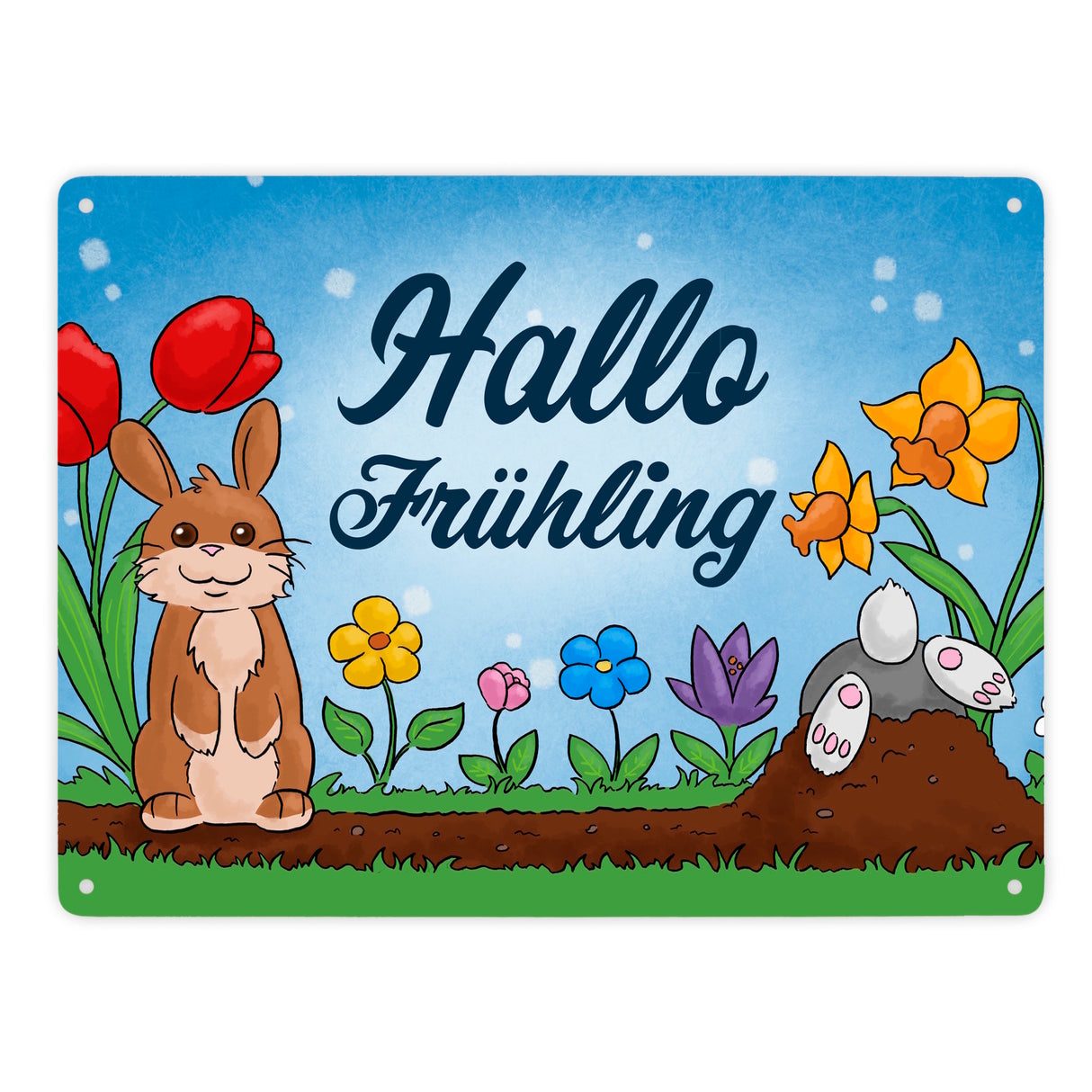 Hallo Frühling Metallschild mit süßen Hasen für Ostern