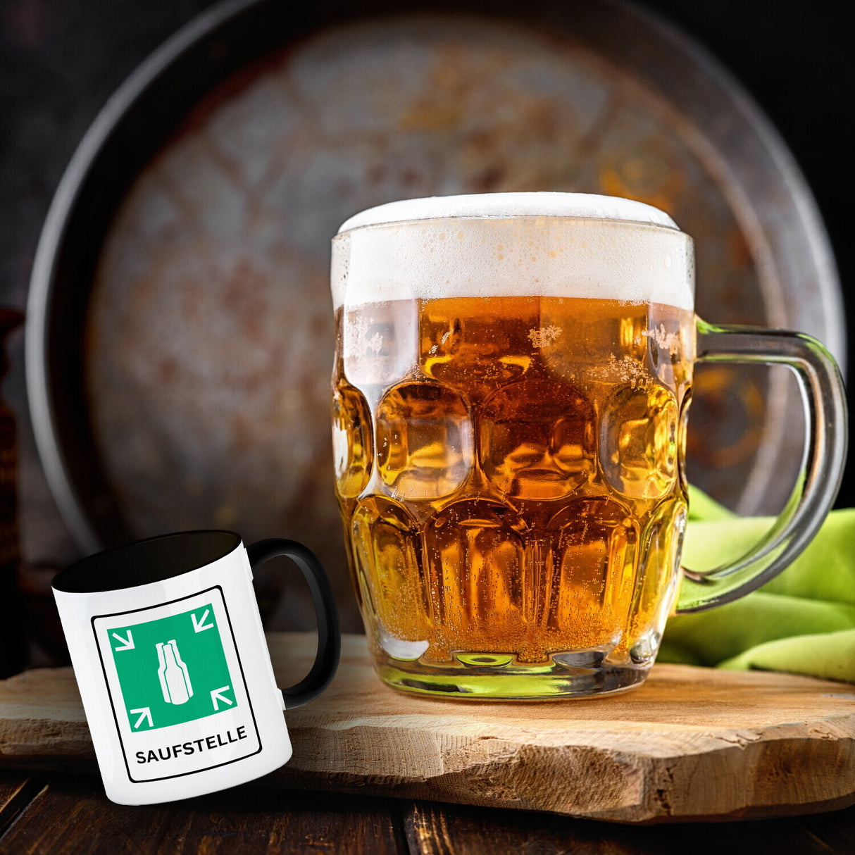 Saufstelle Kaffeebecher mit Bier Motiv und Spruch