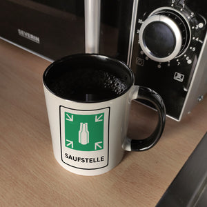 Saufstelle Kaffeebecher mit Bier Motiv und Spruch