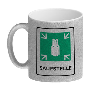 Saufstelle Kaffeebecher mit Bier Motiv und Spruch