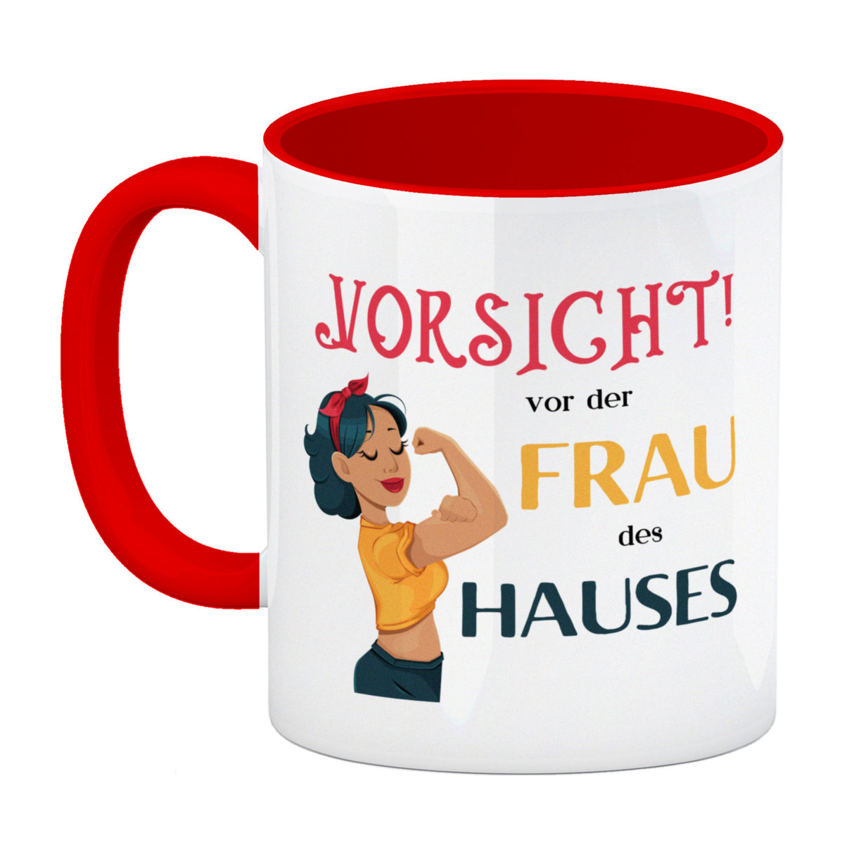 Hausfrau Kaffeebecher mit Spruch Vorsicht vor der Frau des Hauses