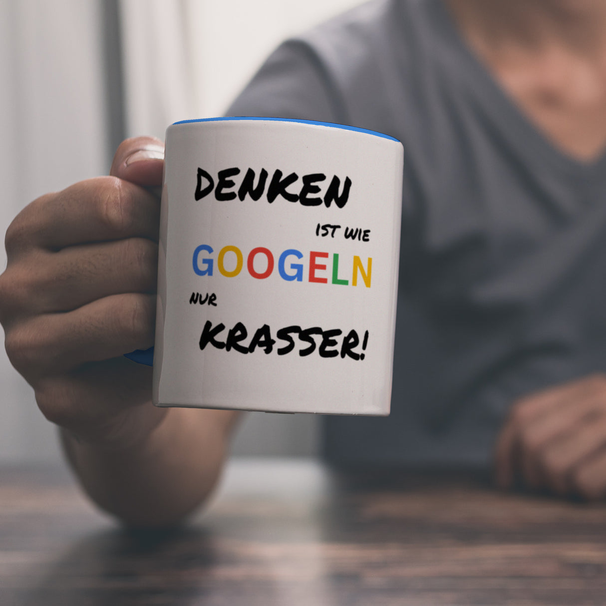 Suchmaschine Kaffeebecher mit Spruch Denken ist wie googeln nur krasser