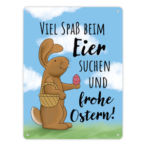 Eier suchen und frohe Ostern Metallschild mit niedlichem Hasen
