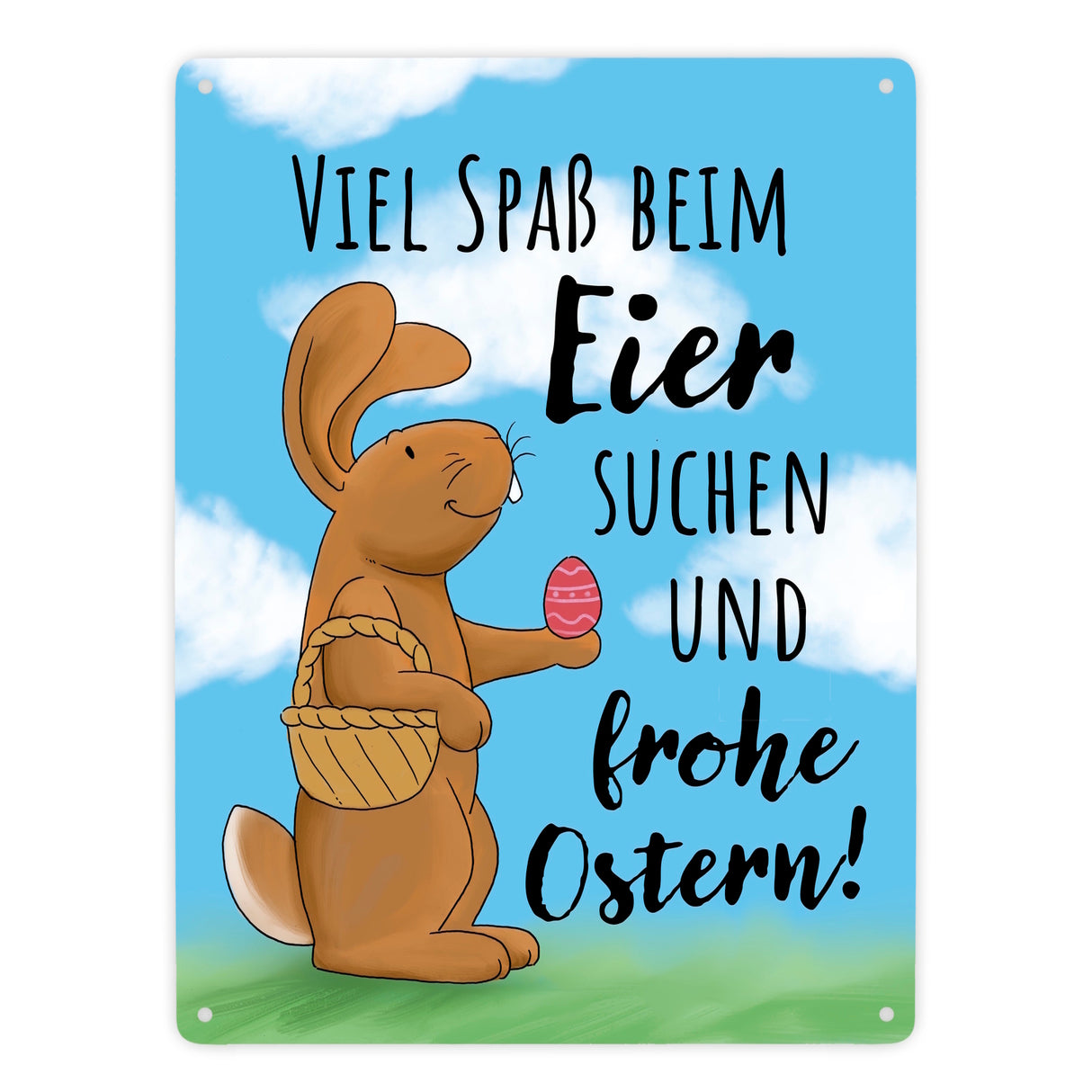 Eier suchen und frohe Ostern Metallschild mit niedlichem Hasen
