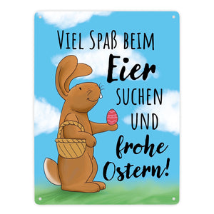 Eier suchen und frohe Ostern Metallschild mit niedlichem Hasen