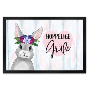 Hoppelige Grüße Fußmatte mit süßem Osterhase und Blumen