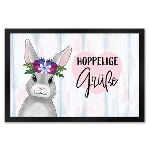 Hoppelige Grüße Fußmatte mit süßem Osterhase und Blumen