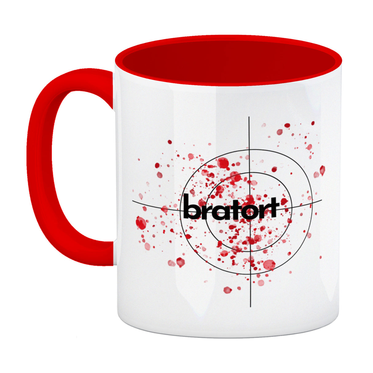 Bratort Kaffeebecher mit Blutspritzern und Fadenkreuz