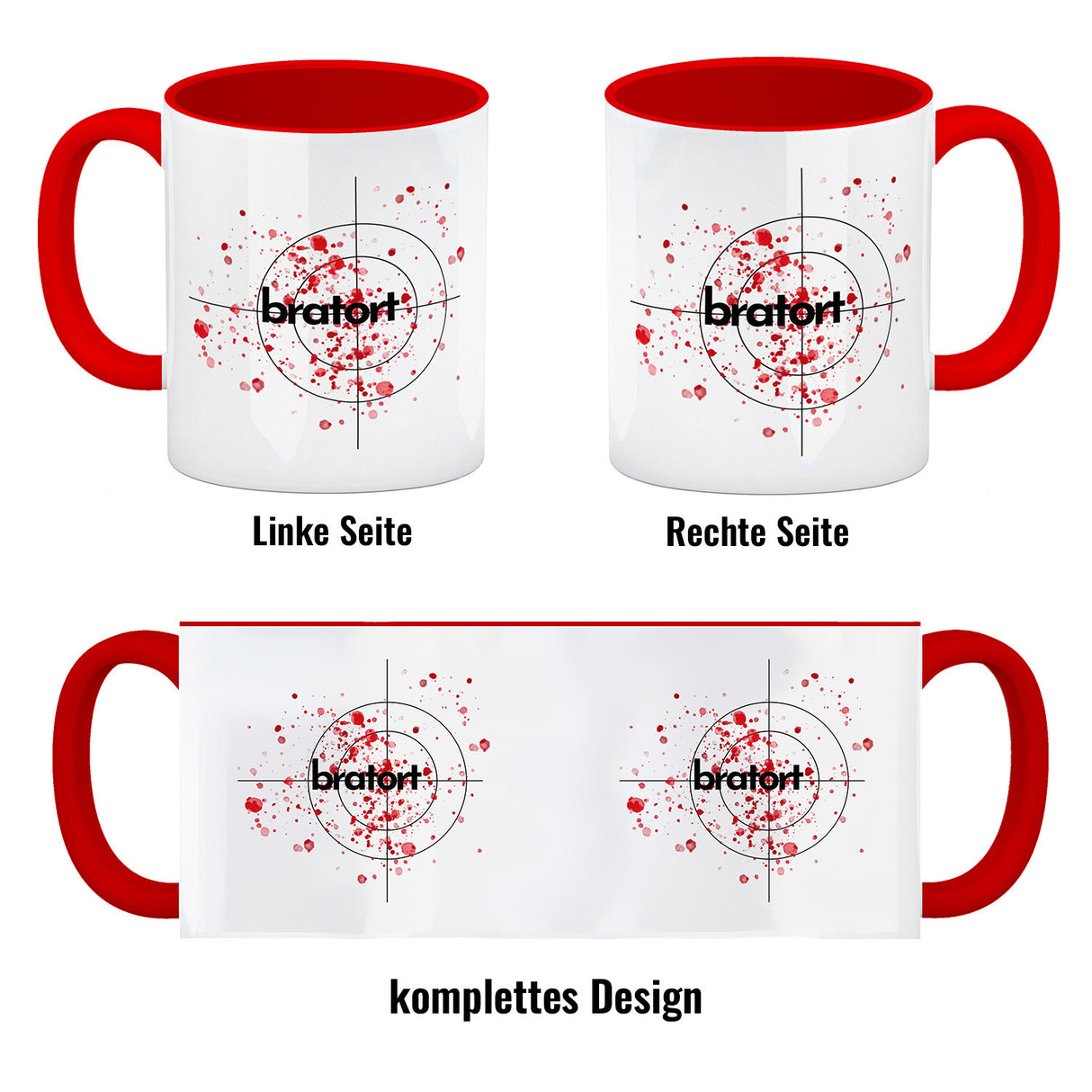 Bratort Kaffeebecher mit Blutspritzern und Fadenkreuz