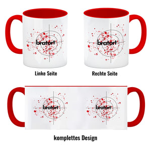 Bratort Kaffeebecher mit Blutspritzern und Fadenkreuz
