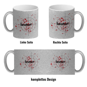 Bratort Kaffeebecher mit Blutspritzern und Fadenkreuz