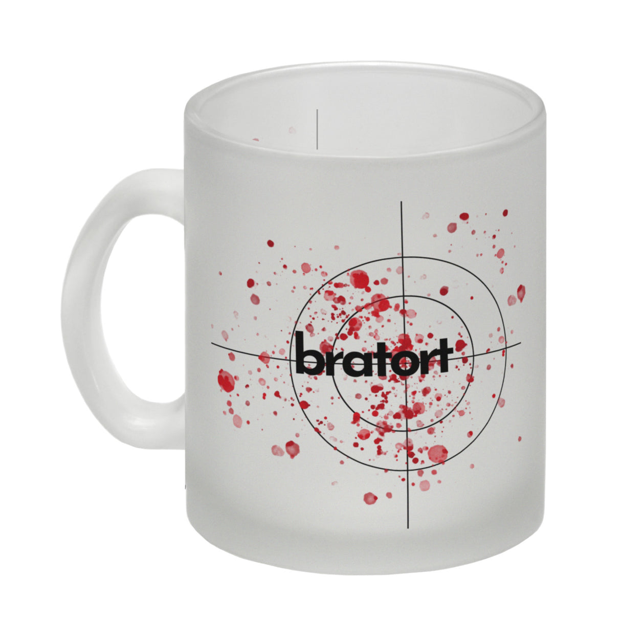 Bratort Kaffeebecher mit Blutspritzern und Fadenkreuz