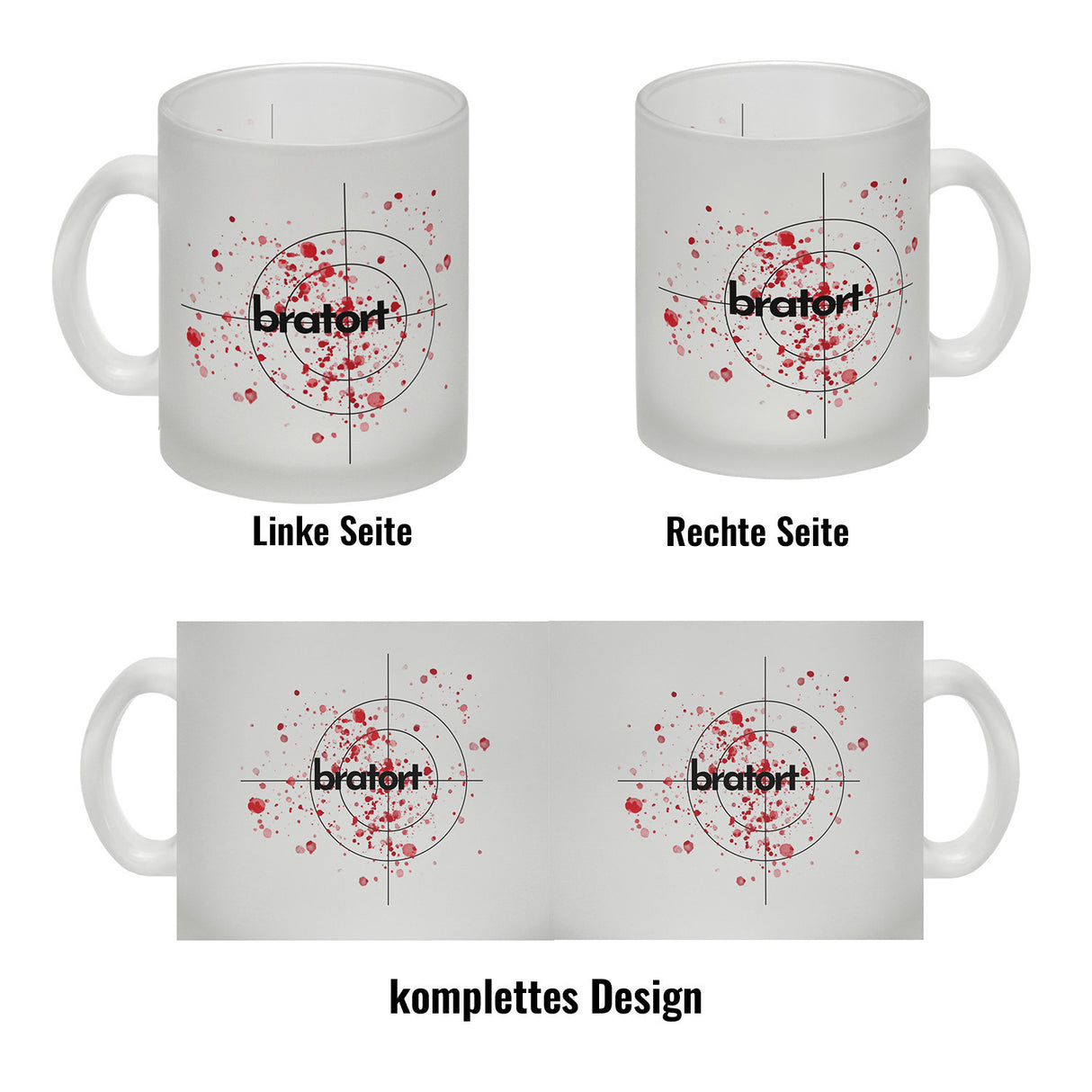 Bratort Kaffeebecher mit Blutspritzern und Fadenkreuz