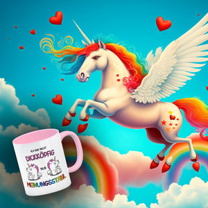 Einhorn Kaffeebecher mit Spruch: Ich bin nicht dickköpfig nur meinungsstabil