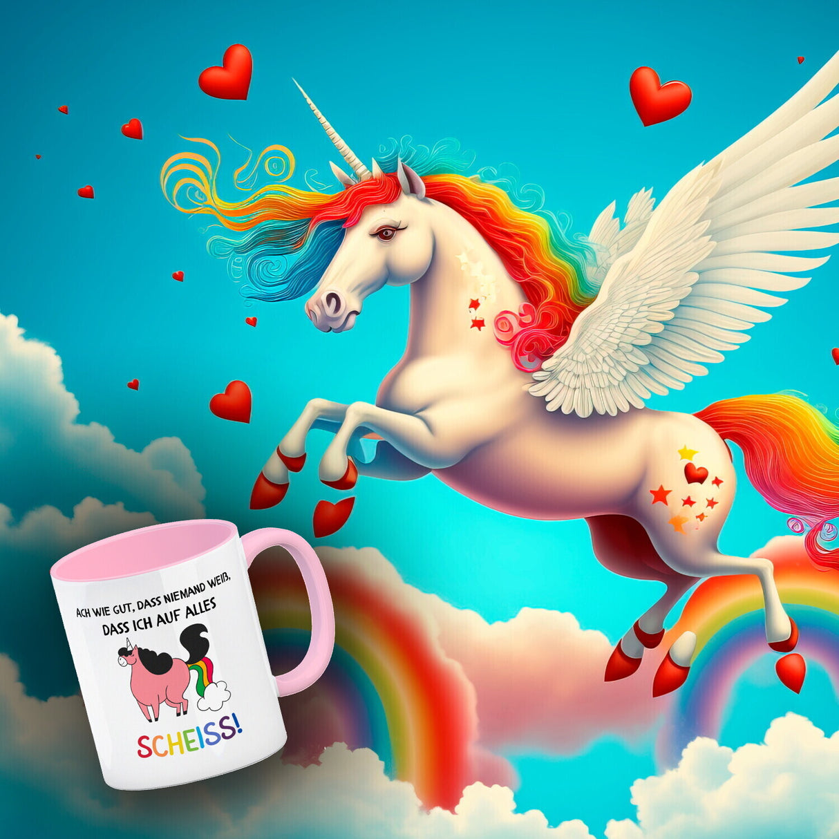 Einhorn Kaffeebecher mit Spruch Ach wie gut, dass niemand weiß