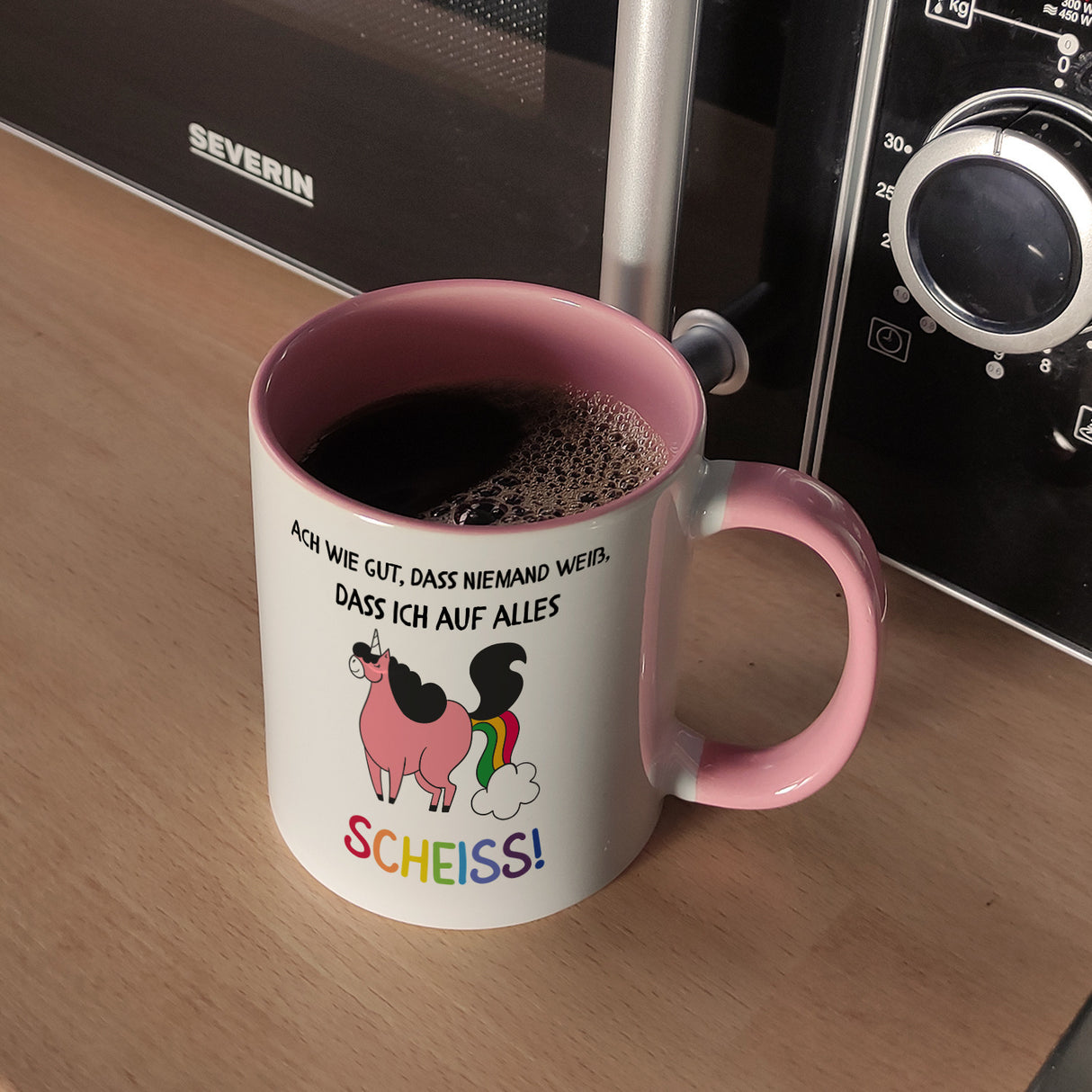 Einhorn Kaffeebecher mit Spruch Ach wie gut, dass niemand weiß