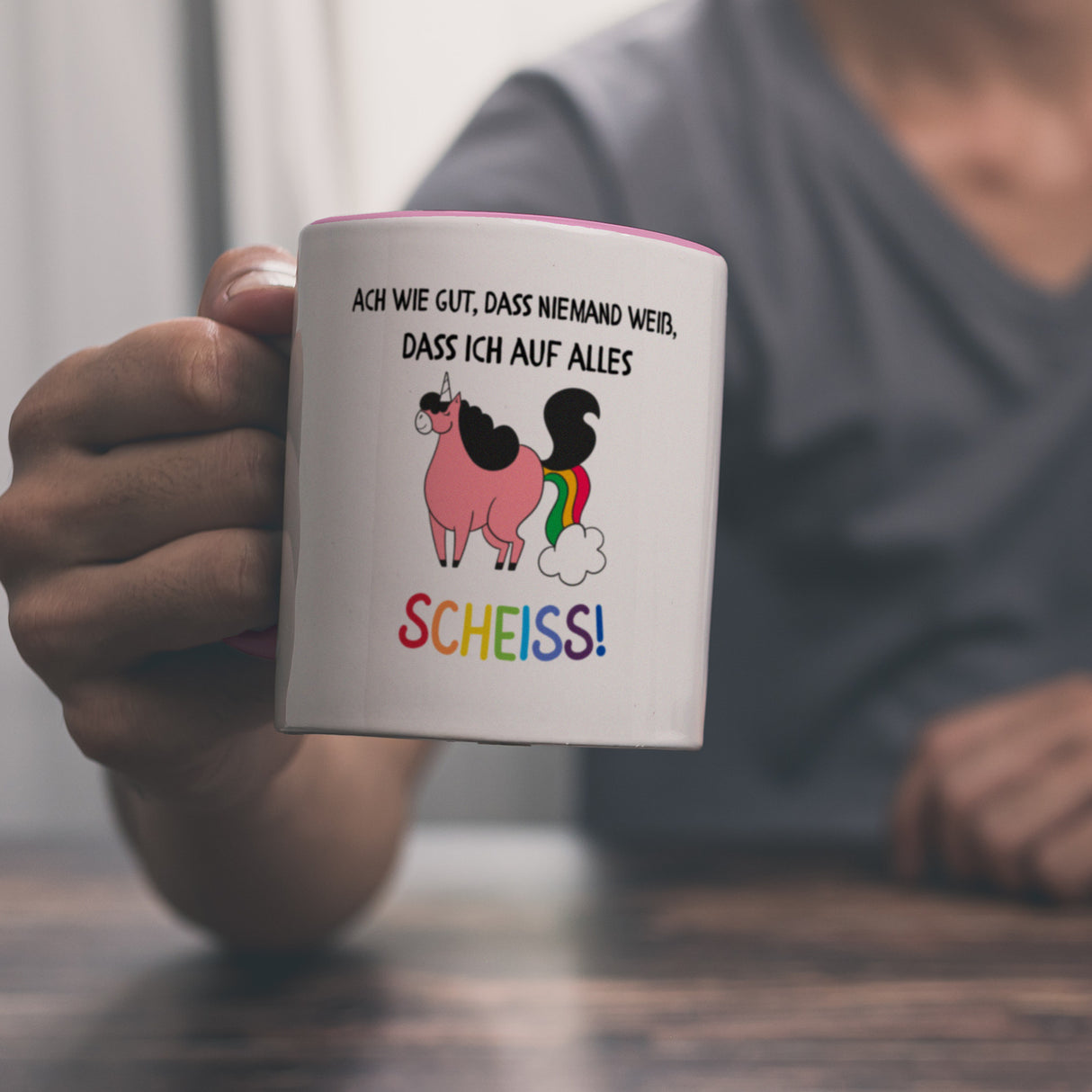 Einhorn Kaffeebecher mit Spruch Ach wie gut, dass niemand weiß