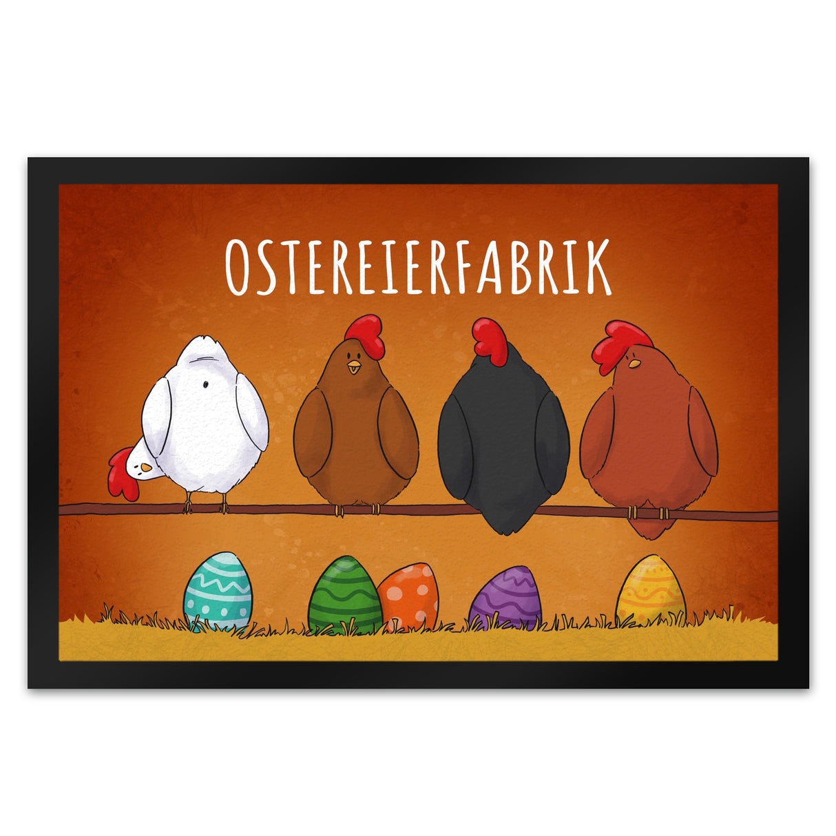 Hühner auf der Stange Ostereierfabrik Fußmatte mit bunten Ostereiern